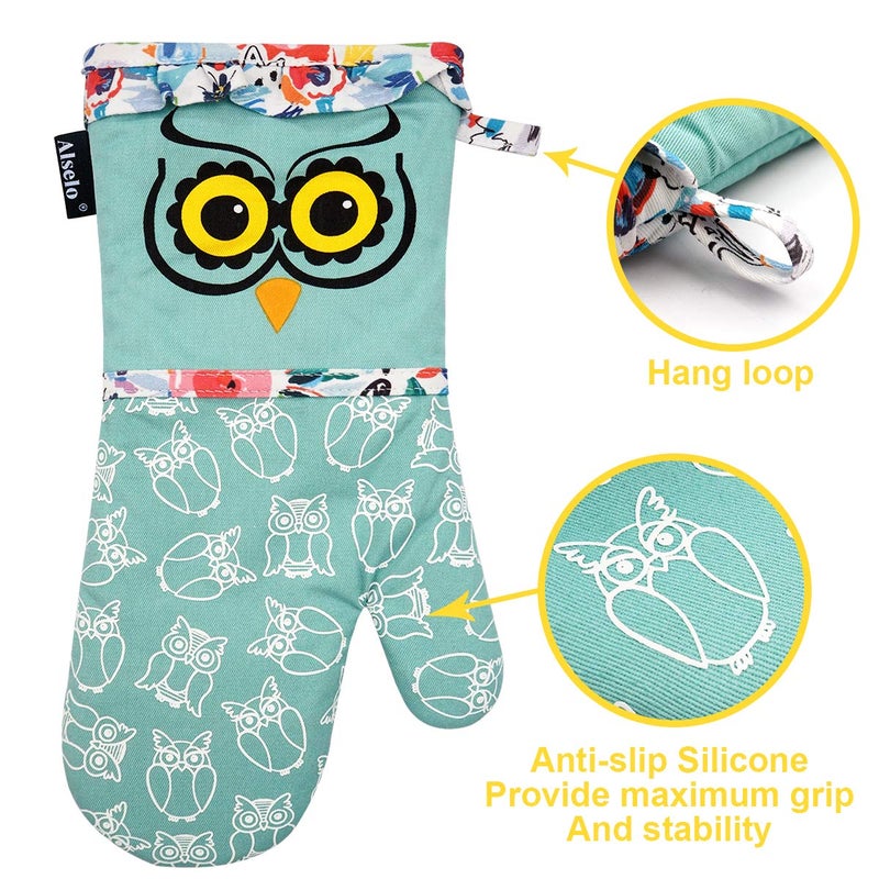 Alselo Oven Mitts, Heat Resistant with Soft Quilted Cotton Lining Set of 2, Fashion Animal Design with Silicone Printing Anti-Slip Kitchen Gloves for Safe Backing Cooking Barbecue (Green 2) - Image 3